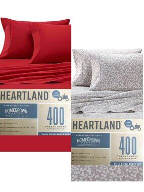 brand new RED + GRAY Heartland 400 TC 100% Cotton Sateen-Weave TWIN Sheet Sets